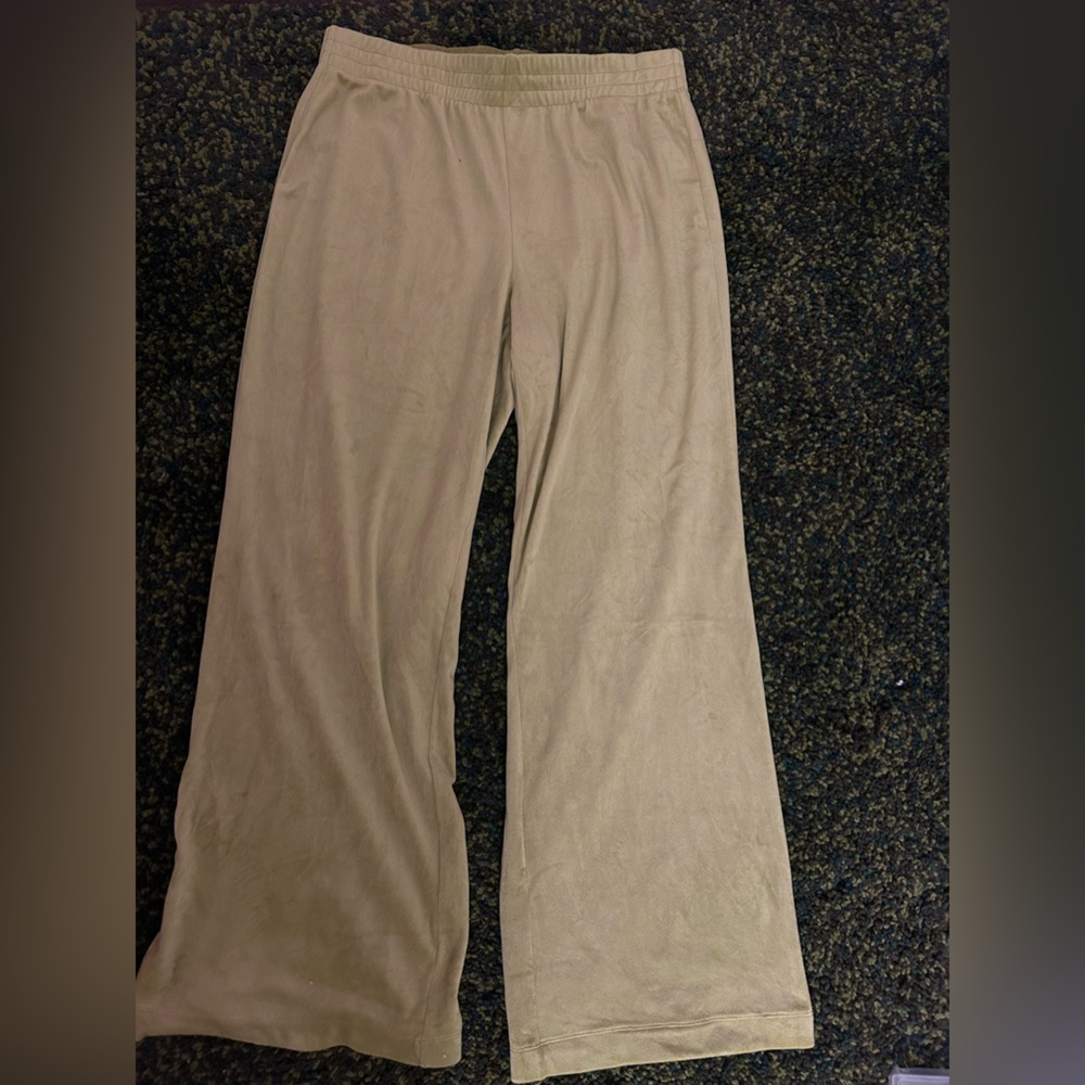 Chartreuse green velvet velour track suit sweat pants wide leg joggers size L